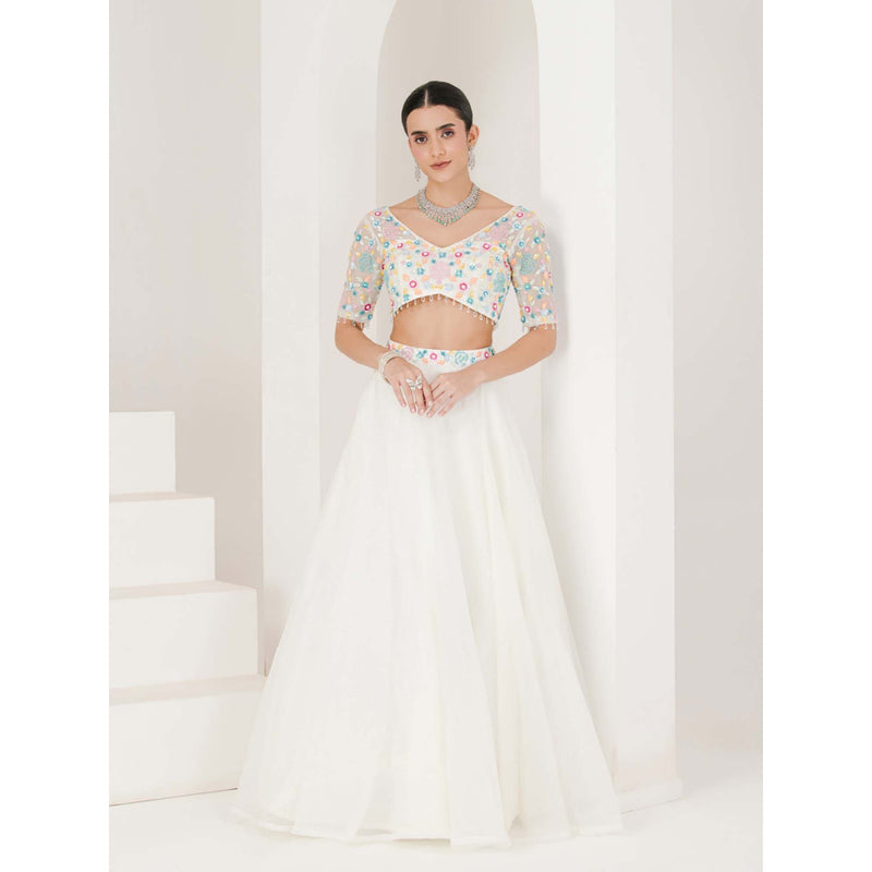 Maive White Floral Hand Embroidered Lehenga with Blouse and Dupatta (Set of 3)