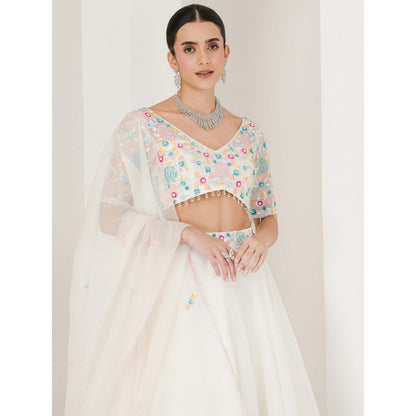 Maive White Floral Hand Embroidered Lehenga with Blouse and Dupatta (Set of 3)