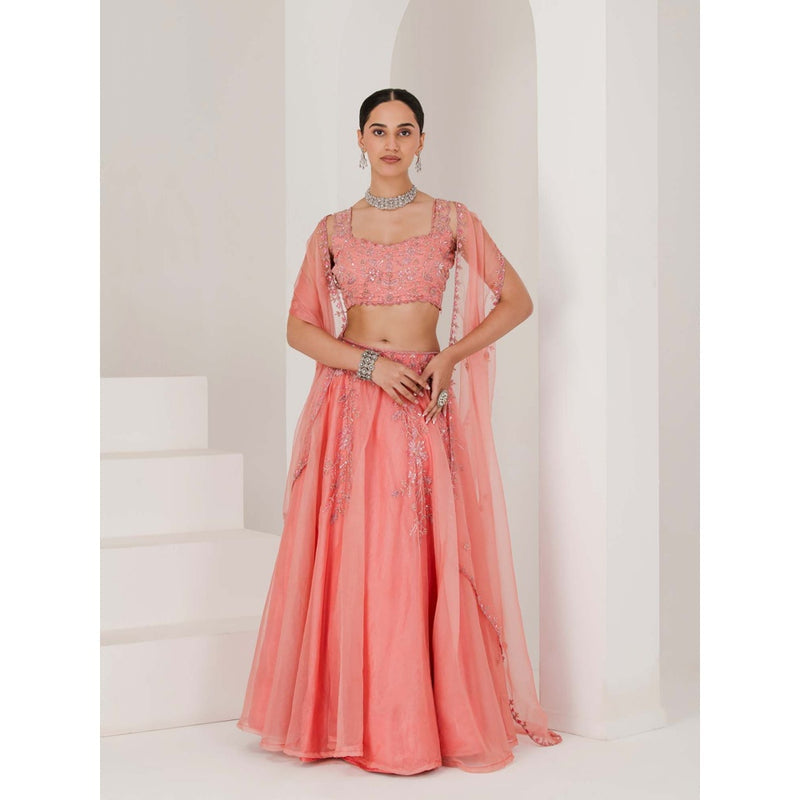 Maive Dusty Peach Hand Embroidered Lehenga with Blouse and Dupatta (Set of 3)