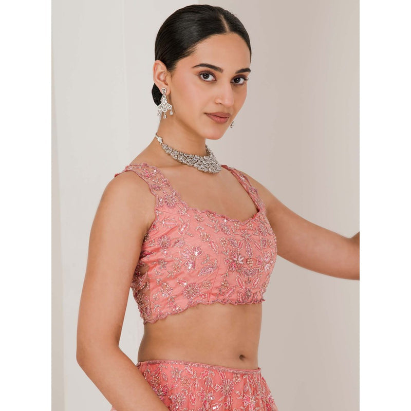 Maive Dusty Peach Hand Embroidered Lehenga with Blouse and Dupatta (Set of 3)