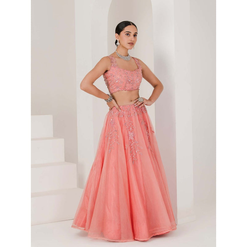 Maive Dusty Peach Hand Embroidered Lehenga with Blouse and Dupatta (Set of 3)