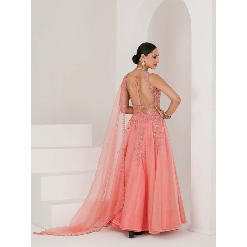 Maive Dusty Peach Hand Embroidered Lehenga with Blouse and Dupatta (Set of 3)