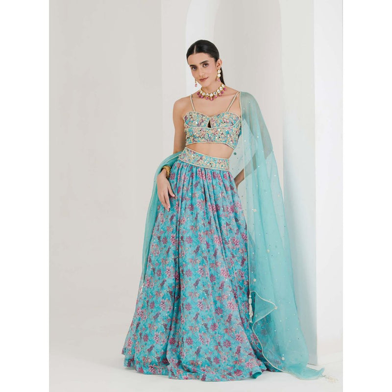 Maive Blue Print Hand Embroidered Lehenga with Blouse and Dupatta (Set of 3)