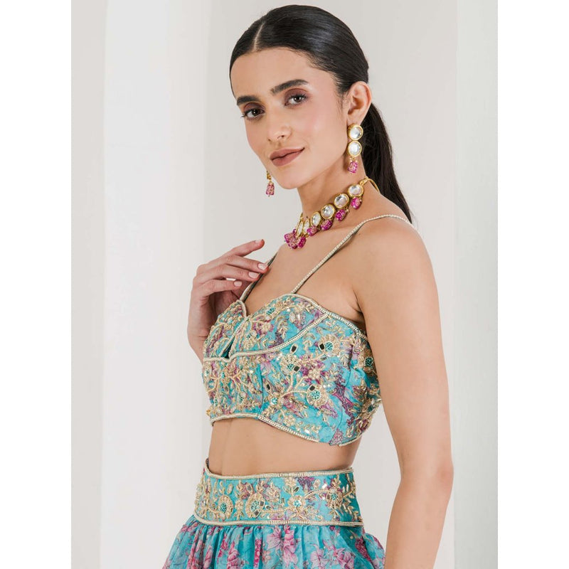 Maive Blue Print Hand Embroidered Lehenga with Blouse and Dupatta (Set of 3)