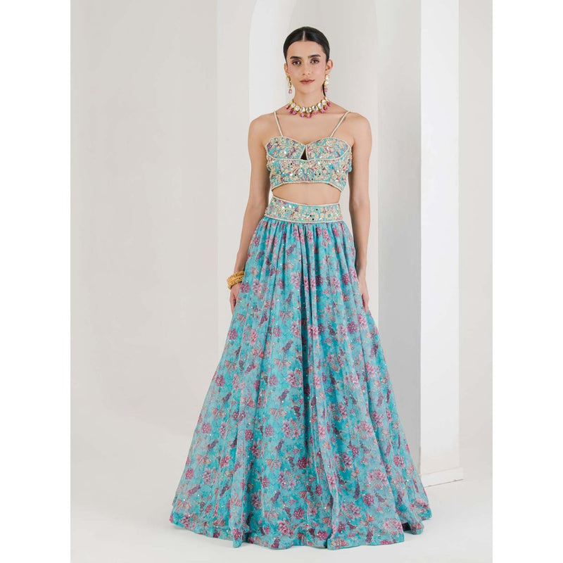 Maive Blue Print Hand Embroidered Lehenga with Blouse and Dupatta (Set of 3)