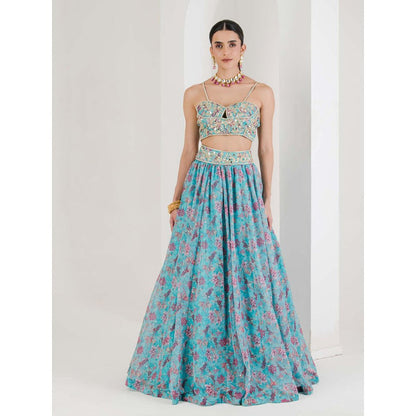 Maive Blue Print Hand Embroidered Lehenga with Blouse and Dupatta (Set of 3)