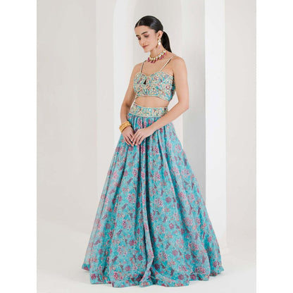 Maive Blue Print Hand Embroidered Lehenga with Blouse and Dupatta (Set of 3)