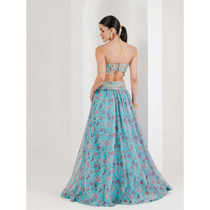 Maive Blue Print Hand Embroidered Lehenga with Blouse and Dupatta (Set of 3)