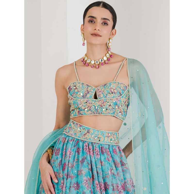 Maive Blue Print Hand Embroidered Lehenga with Blouse and Dupatta (Set of 3)