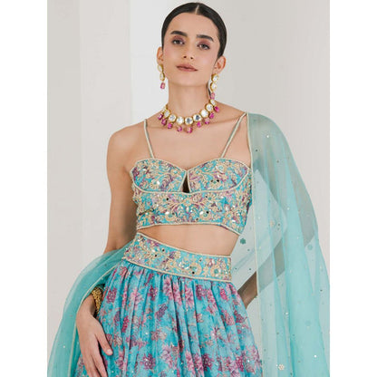 Maive Blue Print Hand Embroidered Lehenga with Blouse and Dupatta (Set of 3)
