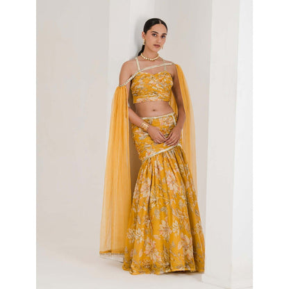 Maive Yellow Print Draped Embroidered Lehenga with Blouse and Dupatta (Set of 3)