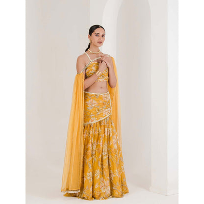 Maive Yellow Print Draped Embroidered Lehenga with Blouse and Dupatta (Set of 3)