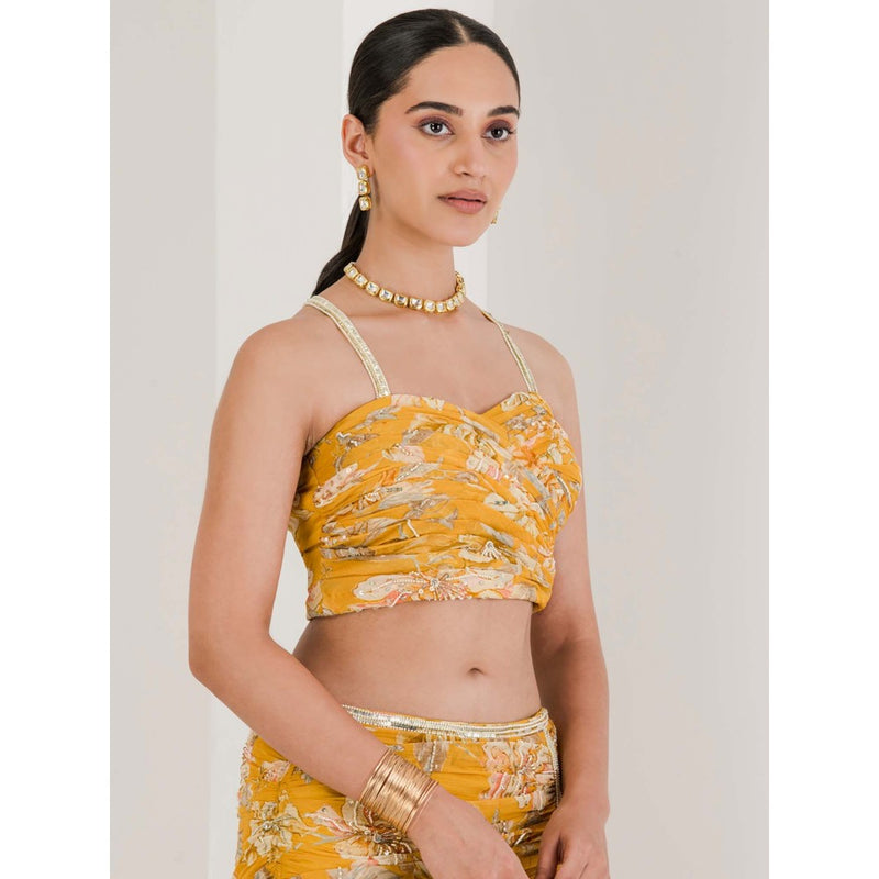 Maive Yellow Print Draped Embroidered Lehenga with Blouse and Dupatta (Set of 3)