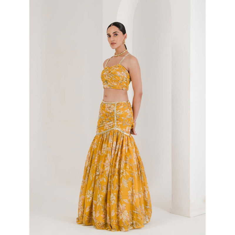Maive Yellow Print Draped Embroidered Lehenga with Blouse and Dupatta (Set of 3)