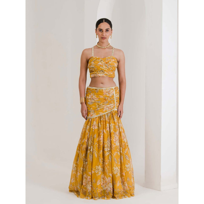 Maive Yellow Print Draped Embroidered Lehenga with Blouse and Dupatta (Set of 3)