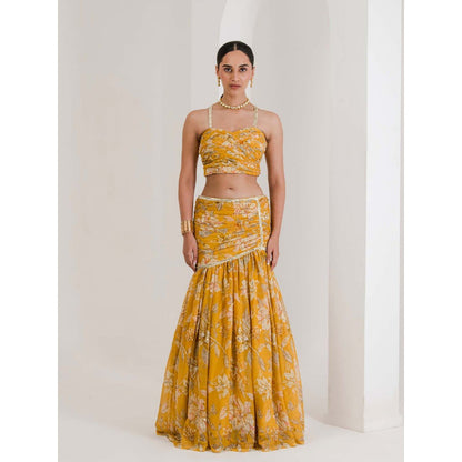 Maive Yellow Print Draped Embroidered Lehenga with Blouse and Dupatta (Set of 3)