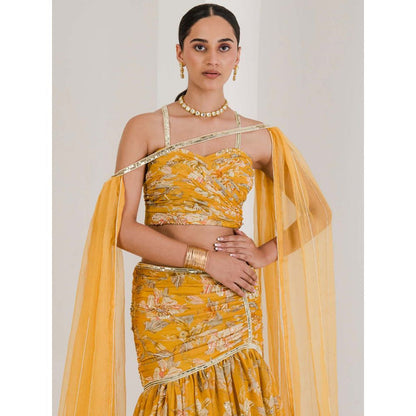 Maive Yellow Print Draped Embroidered Lehenga with Blouse and Dupatta (Set of 3)