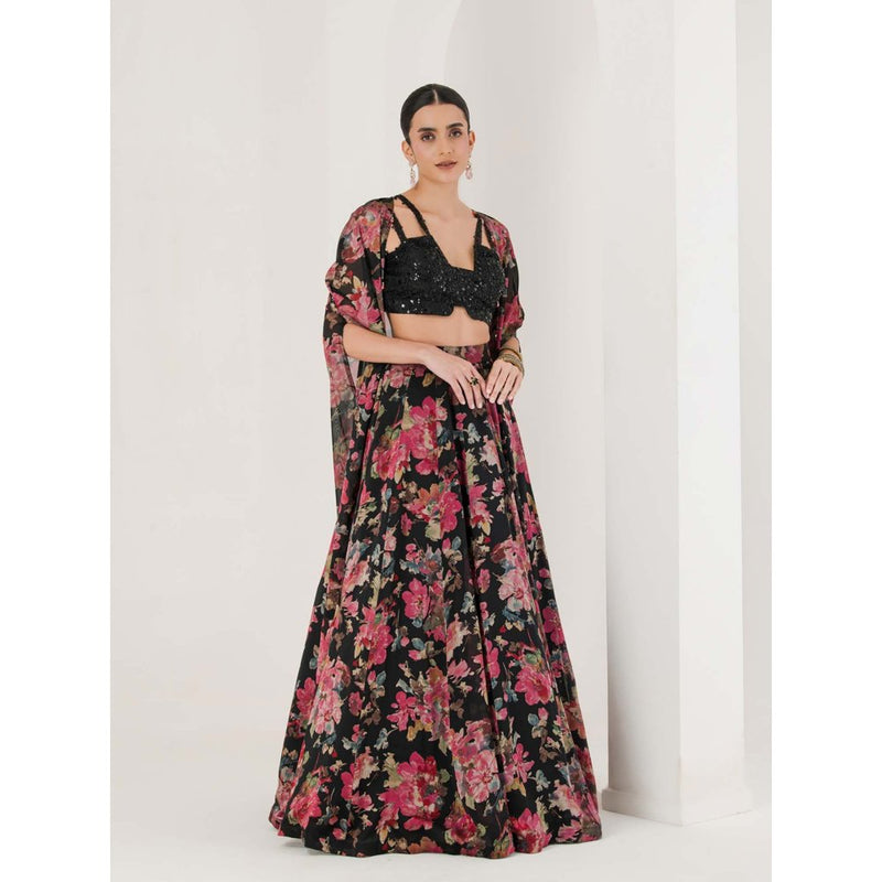 Maive Black Floral Print Lehenga With Cape and Blouse (Set of 3)