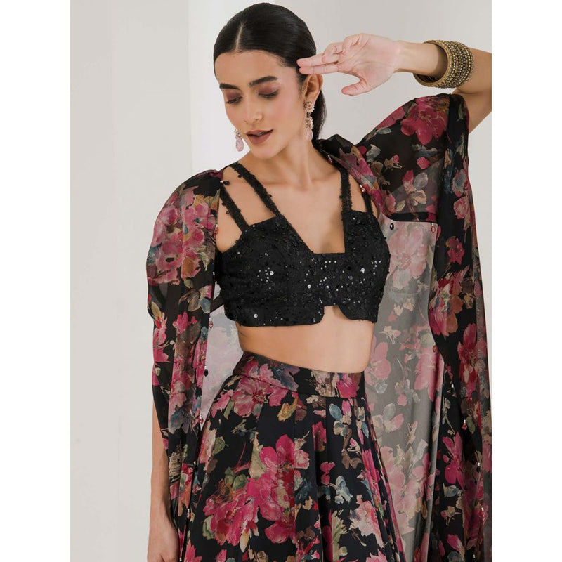 Maive Black Floral Print Lehenga With Cape and Blouse (Set of 3)