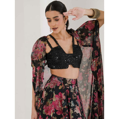 Maive Black Floral Print Lehenga With Cape and Blouse (Set of 3)