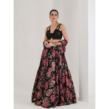 Maive Black Floral Print Lehenga With Cape and Blouse (Set of 3)