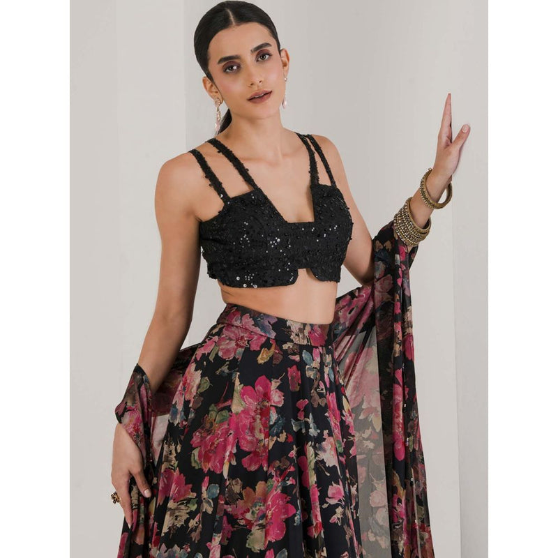 Maive Black Floral Print Lehenga With Cape and Blouse (Set of 3)