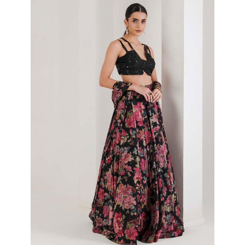 Maive Black Floral Print Lehenga With Cape and Blouse (Set of 3)