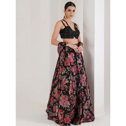 Maive Black Floral Print Lehenga With Cape and Blouse (Set of 3)