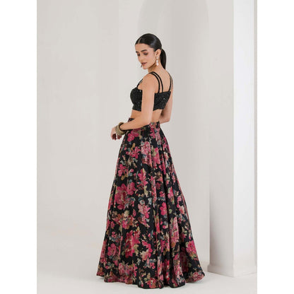 Maive Black Floral Print Lehenga With Cape and Blouse (Set of 3)