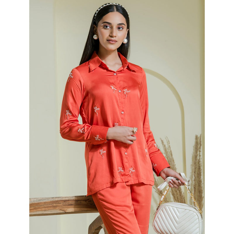 Maive Rust Embroidered Satin Co-Ord (Set of 2)
