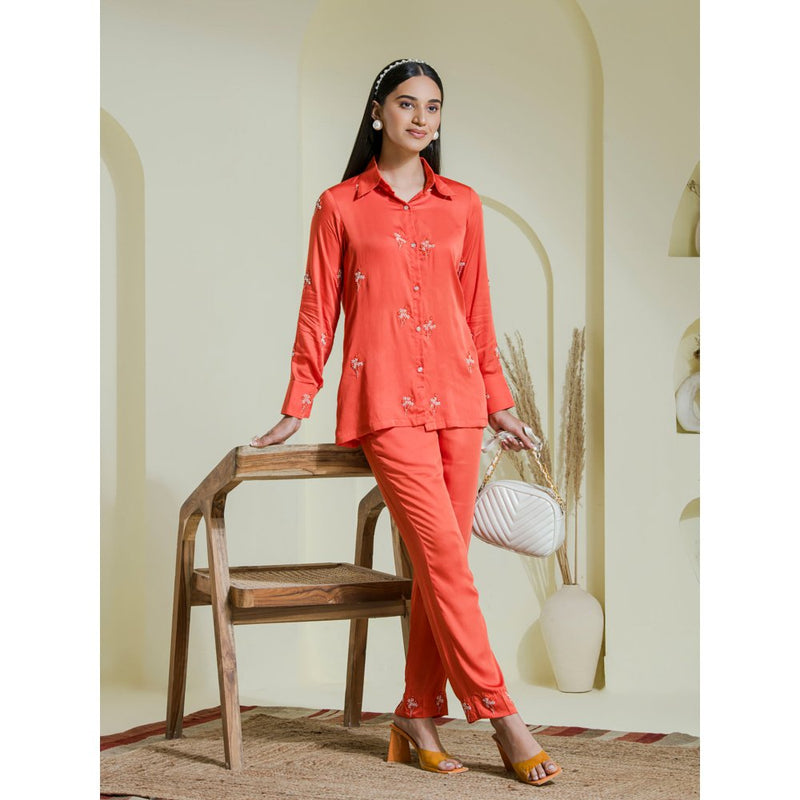 Maive Rust Embroidered Satin Co-Ord (Set of 2)