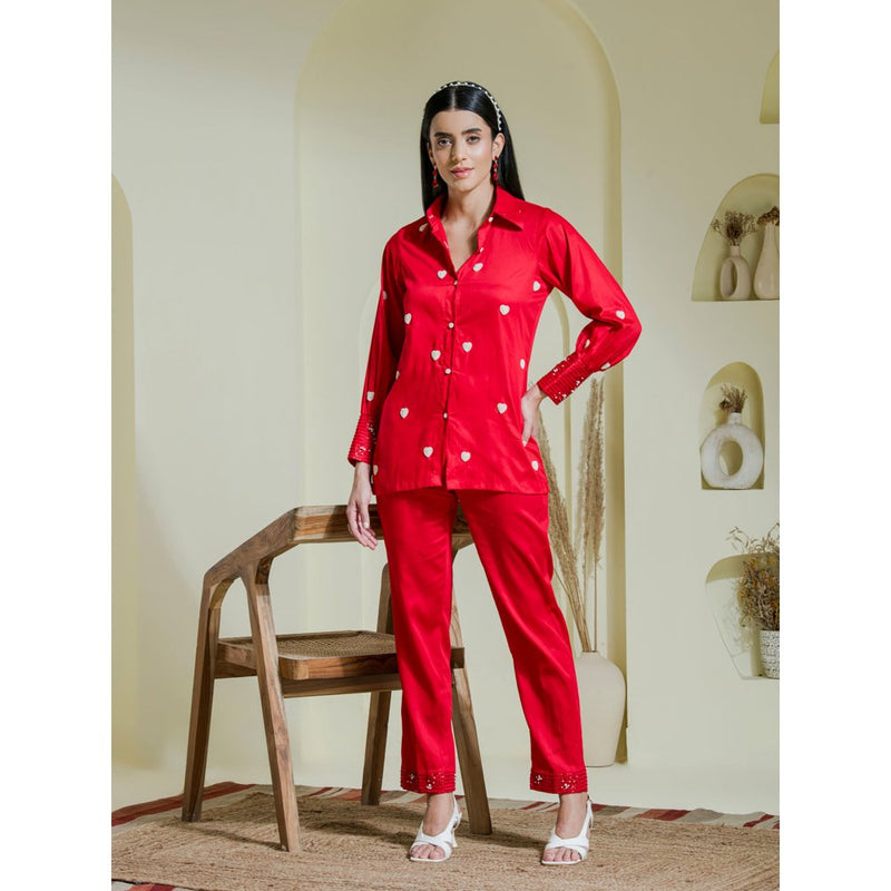 Maive Crimson Red Heart Embroidered Co-Ord (Set of 2)