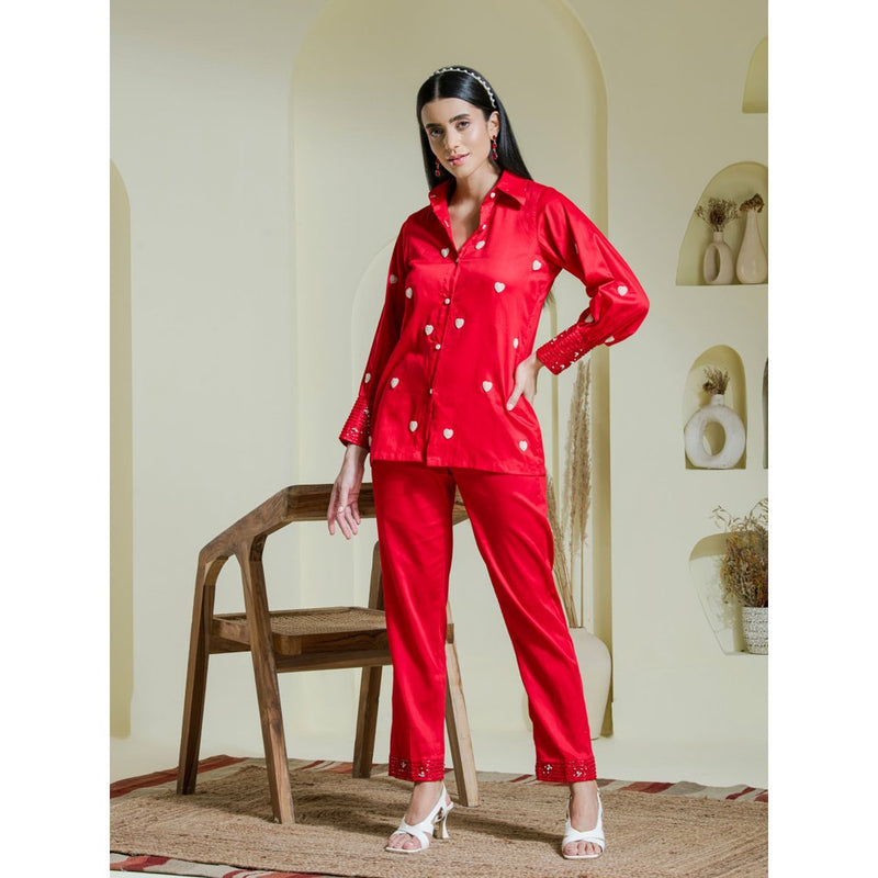 Maive Crimson Red Heart Embroidered Co-Ord (Set of 2)