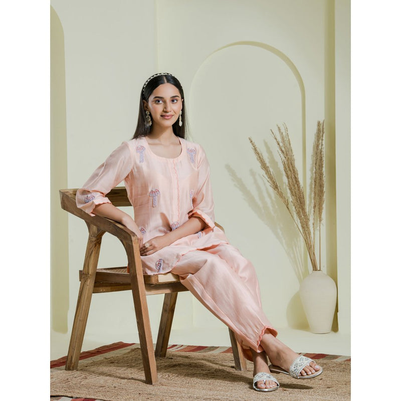 Maive Peach Hand Embroidered Kurti with Pant (Set of 2)
