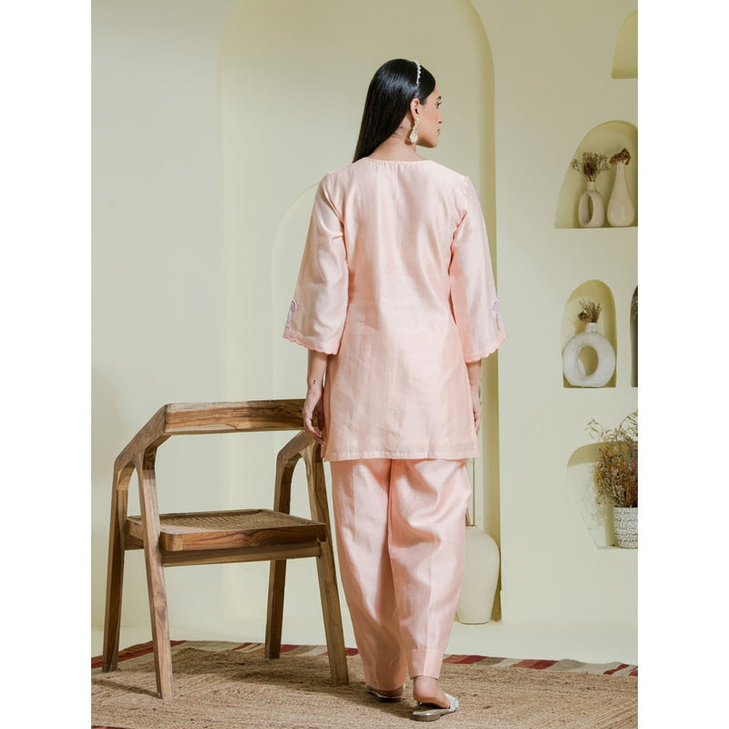 Maive Peach Hand Embroidered Kurti with Pant (Set of 2)