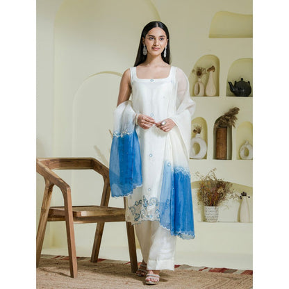 Maive White Blue Hand Embroidered Kurta Pant with Dupatta (Set of 3)