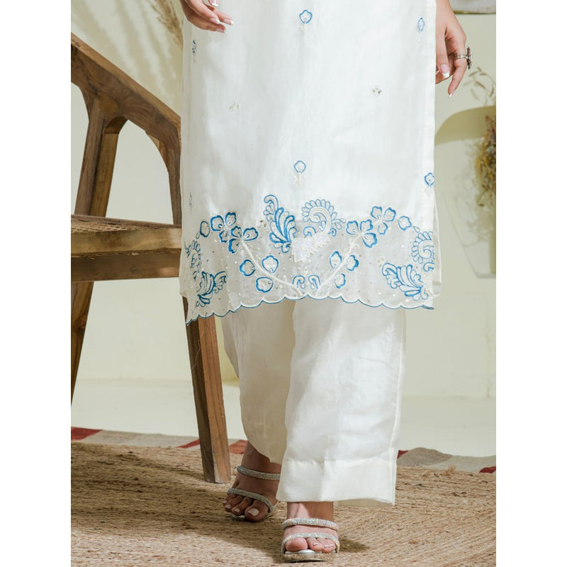 Maive White Blue Hand Embroidered Kurta Pant with Dupatta (Set of 3)