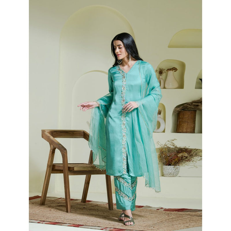 Maive Sea Green Hand Embroidered Kurta with Pant and Dupatta (Set of 3)