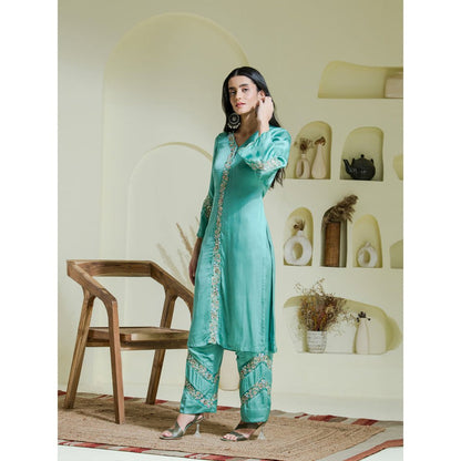 Maive Sea Green Hand Embroidered Kurta with Pant and Dupatta (Set of 3)
