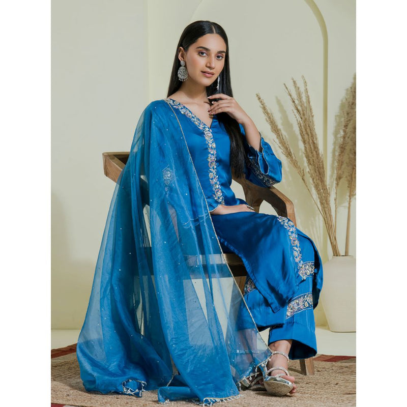 Maive Cobalt Blue Hand Embroidered Kurta with Pant and Dupatta (Set of 3)