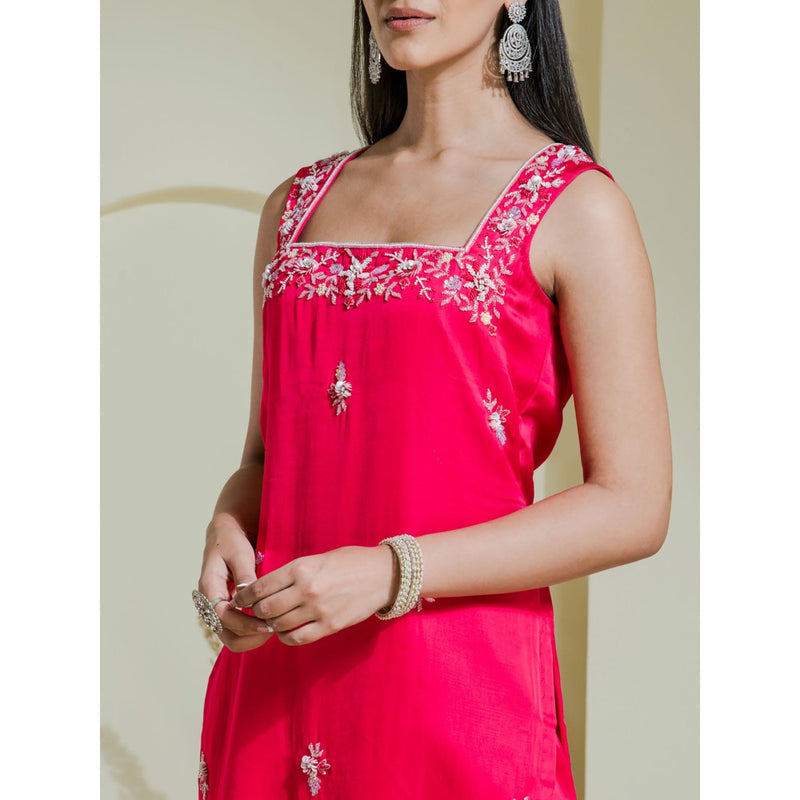 Maive Ruby Pink Hand Embroidered Kurta with Dhoti and Dupatta (Set of 3)