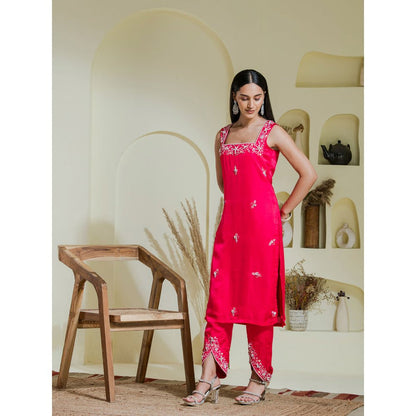 Maive Ruby Pink Hand Embroidered Kurta with Dhoti and Dupatta (Set of 3)