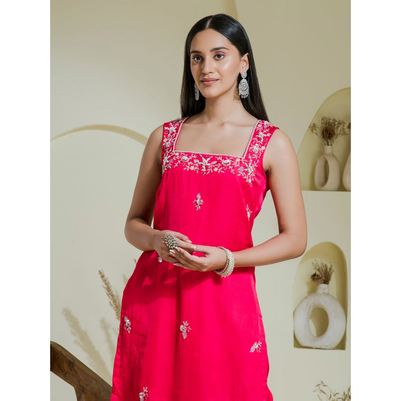 Maive Ruby Pink Hand Embroidered Kurta with Dhoti and Dupatta (Set of 3)