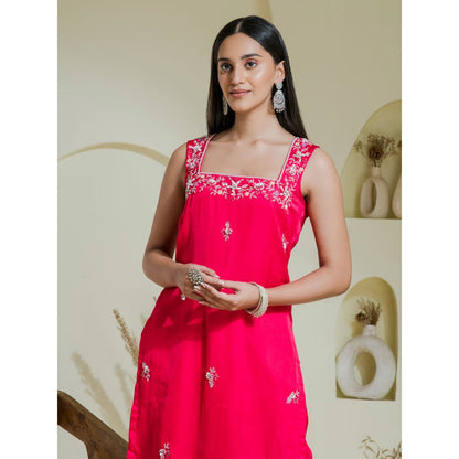 Maive Ruby Pink Hand Embroidered Kurta with Dhoti and Dupatta (Set of 3)