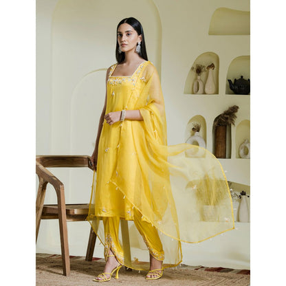 Maive Sunshine Yellow Hand Embroidered Kurta with Dhoti and Dupatta (Set of 3)