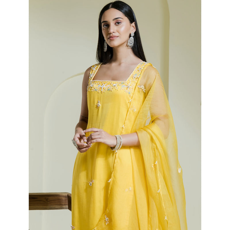 Maive Sunshine Yellow Hand Embroidered Kurta with Dhoti and Dupatta (Set of 3)