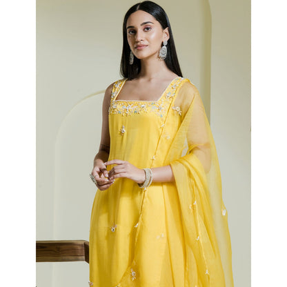 Maive Sunshine Yellow Hand Embroidered Kurta with Dhoti and Dupatta (Set of 3)