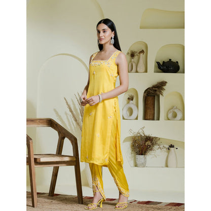 Maive Sunshine Yellow Hand Embroidered Kurta with Dhoti and Dupatta (Set of 3)