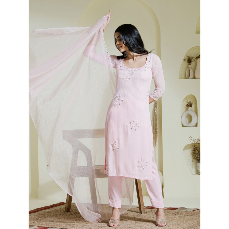 Maive Baby Pink Hand Embroidered Kurta with Pant and Dupatta (Set of 3)