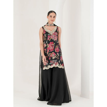 Maive Black Floral Print Embroidered Sharara with Kurta and Dupatta (Set of 3)